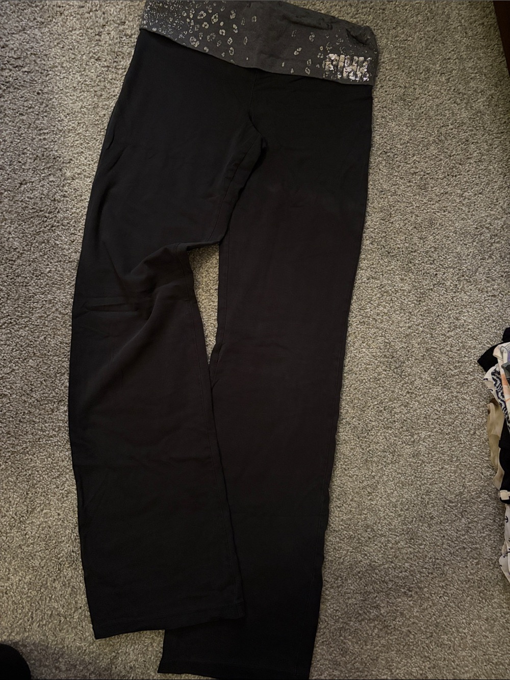 PINK Victoria's Secret Black Fold-Over Waist Leggings with Metallic Accent